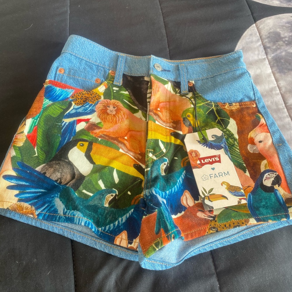 FARM Rio Women’s Multicolor Jean Shorts with Tropical Bird Print
